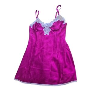 Vintage Fuchsia Satin Chemise with Lace Accents